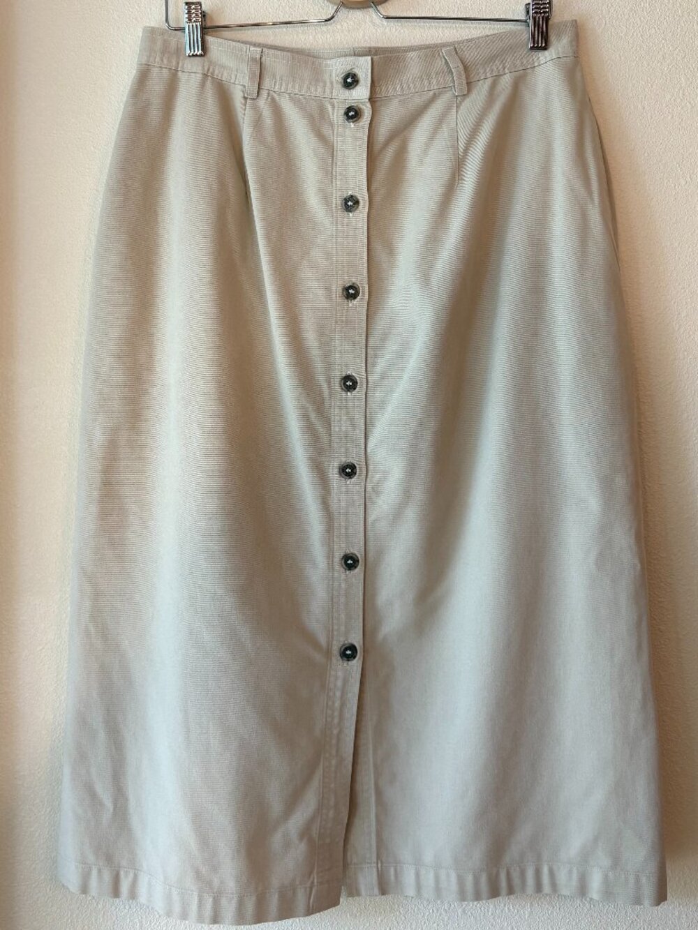 Vintage L. L. Bean Button Front Midi Skirt A-Line Khaki Cotton Canvas Beige 14